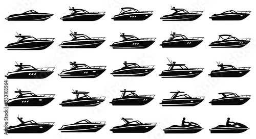 A collection of silhouettes depicting various motorboats and yachts in profile