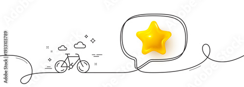 Bike line icon. Continuous line with 3d star. City bicycle transport sign. Outdoor transportation symbol. 3d star in speech bubble. Bike single line ribbon. Loop curve pattern. Vector