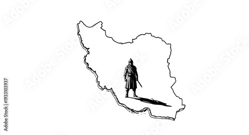 Stylized Illustration of Ancient Persian Warrior Standing within the Outline of the Modern Geographic Map Border of Iran Country Symbolizing National Heritage and Strength