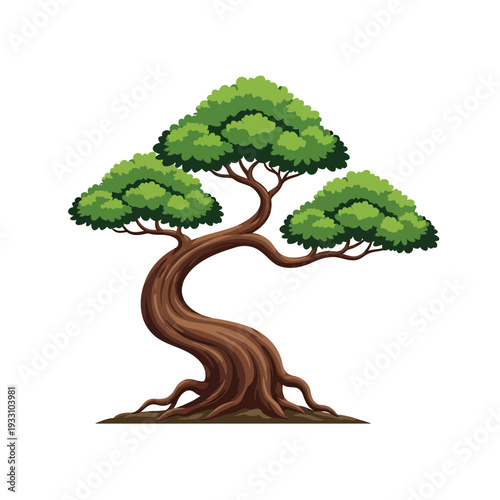 Stylized Bonsai Tree with Lush Green Foliage and Twisted Brown Trunk