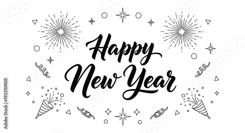 Festive new year greeting with fireworks and celebratory elements in black and white