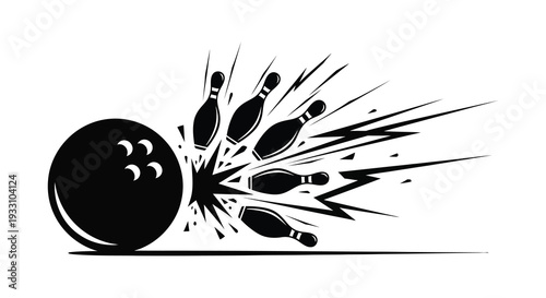 A black and white illustration depicts a bowling ball striking and scattering bowling pins