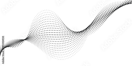 Abstract wavy ribbon of dots, forming a fluid dynamic curve, representing data, motion, or artistic expression.
