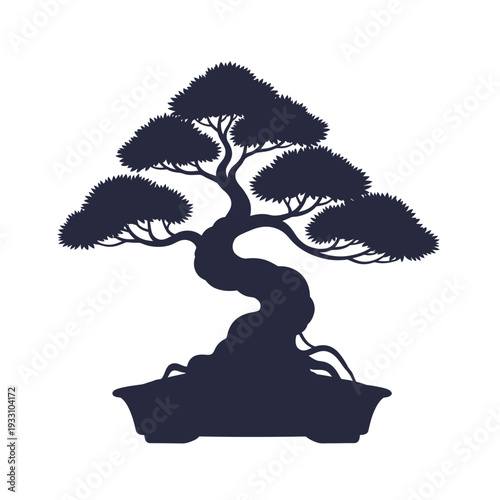 Silhouette of a Twisted Bonsai Tree in a Pot, Minimalist Japanese Art