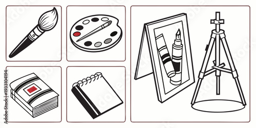 Various art supplies and tools, including paintbrushes, a palette, and a canvas, arranged on a table. Vector