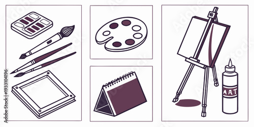 A variety of art supplies including sketchbooks and drawing tools. Vector