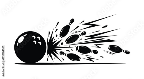 A black and white illustration depicts a bowling ball striking down bowling pins
