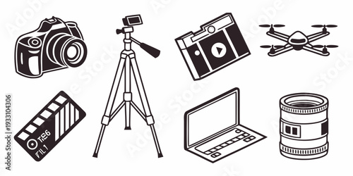 A collection of various electronic devices and equipment used for photography and videography. Vector