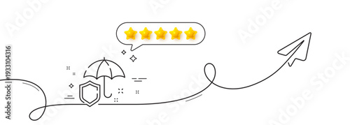 Umbrella line icon. Continuous line with share plane. Rain defence sign. Safe insurance symbol. Five star rate review in speech bubble. Umbrella single line ribbon. Loop curve pattern. Vector