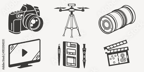 Assorted icons representing various types of media and equipment Vector