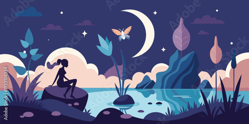 Silhouette of a woman sitting by a lake under a crescent moon