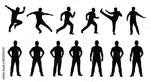 Silhouettes of people in various dynamic poses and stances black and white