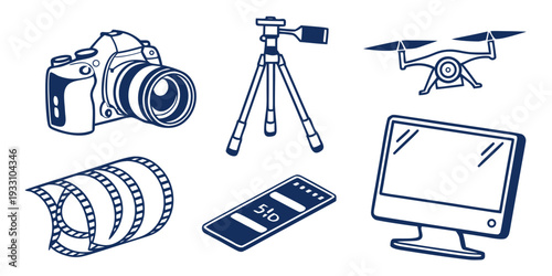 Assorted electronic devices and accessories displayed in a row Vector