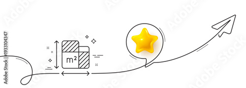 Floor plan line icon. Continuous line with share plane. Room dimension sign. House area measurement symbol. 3d star in speech bubble. Floor plan single line ribbon. Loop curve pattern. Vector