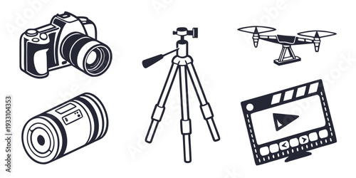 A collection of photography and videography equipment including a camera, tripod, lens, and drone. Vector