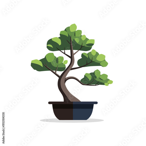 Stylized Bonsai Tree in a Pot, Minimalist Art, Green Leaves, Brown Trunk