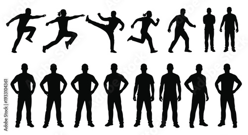 Silhouettes of people in various dynamic and static poses against a white background