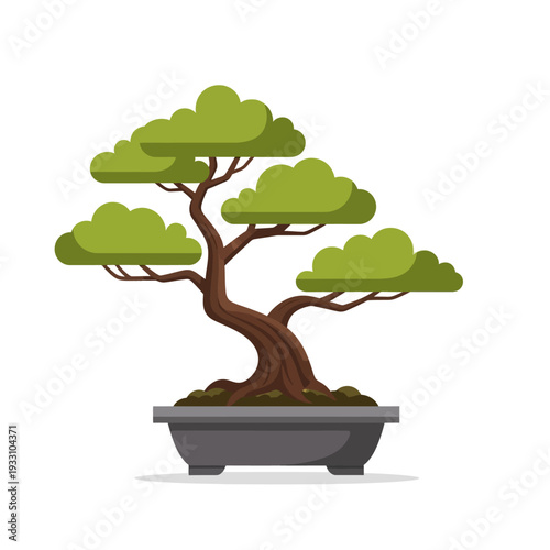 Stylized Bonsai Tree in a Pot, Minimalist Flat Design