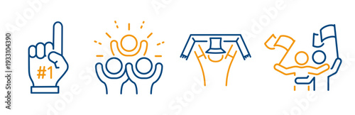 soccer fans, football supporter, happy people with flags, fan with scarf, set of outline icons