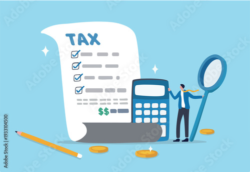 Tax planning, financial strategy for tax optimization, reduction or refund, income or revenue management, taxation or calculation concept, businessman with magnifying glass analyze tax plan document.