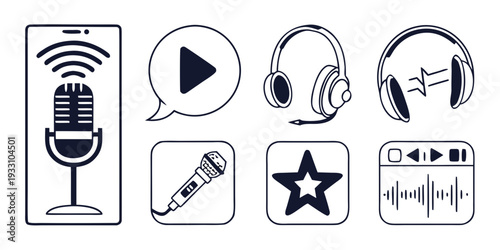 A collection of icons representing various audio and podcast features. Vector