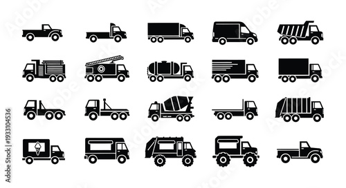 Collection of various black silhouette icons depicting different types of trucks and vehicles