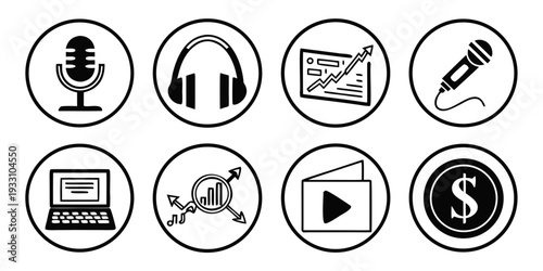 Icons representing various multimedia and document editing tools and features Vector