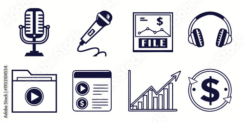 Icons representing various aspects of podcasting and audio content creation Vector
