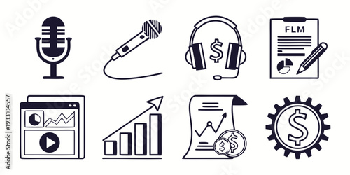 Icons representing various aspects of media, communication, and technology. Vector