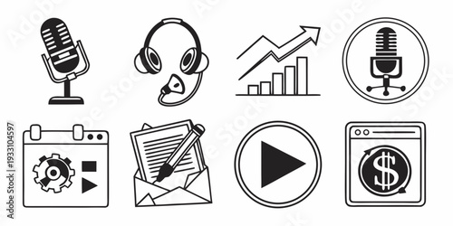 Diverse icons representing various aspects of media, communication, and data analysis. Vector