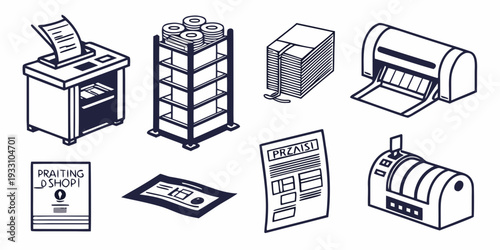 A collection of various office supplies and equipment. Vector