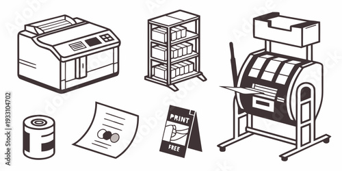 A variety of office equipment and supplies neatly arranged on a desk. Vector