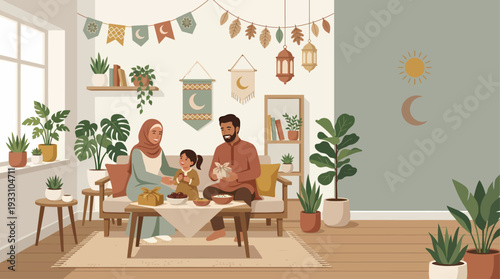 Happy Muslim Family Sharing Festive Meal and Celebrating an Islamic Holiday with Decorations in a Warm and Cozy Home Interior