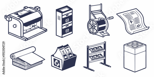 A collection of various office equipment and supplies in black and white. Vector