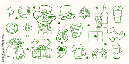St. Patrick’s Day hand drawn doodle elements with leprechaun, shamrocks, Celtic symbols, beer, rainbow, pot of gold and lucky charms. Cute Irish holiday stickers and vector illustration