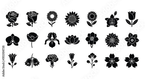 Collection of black silhouette floral icons featuring roses sunflowers orchids and other blooms