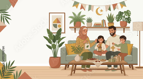 Joyful Muslim Family Celebrating a Festive Occasion at Home with Children and Traditional Lantern Decorations, Embracing Togetherness and Cultural Spirit