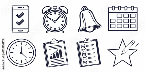 Illustrations of various time management and organization tools and icons Vector