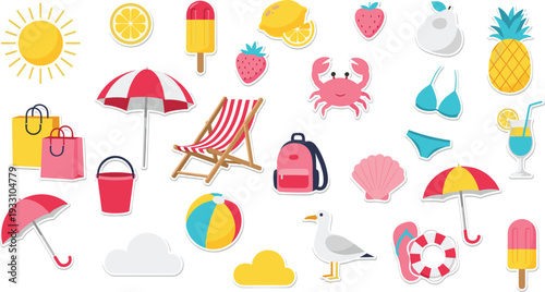 Summer beach vacation elements collection sun umbrella swimsuit travel vector illustration