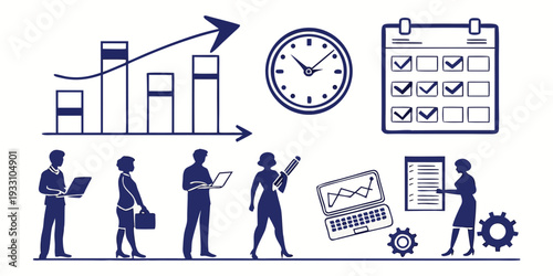 Business professionals analyzing data and planning strategies with various tools Vector