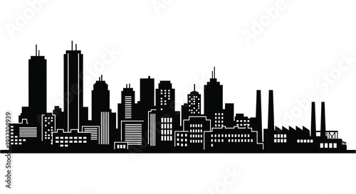 A minimalist black and white silhouette of a modern city skyline