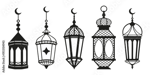 Five ornate lanterns with crescent moon designs on top Vector