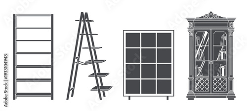 Set of four different vector bookcases illustration, storage furniture for home and office
