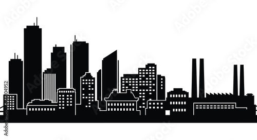 A stark black and white silhouette of a modern city skyline against a white background