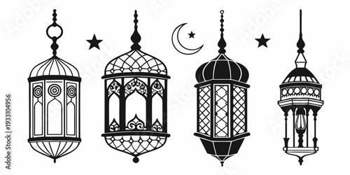 A collection of various lanterns and lights from different cultures and time periods Vector