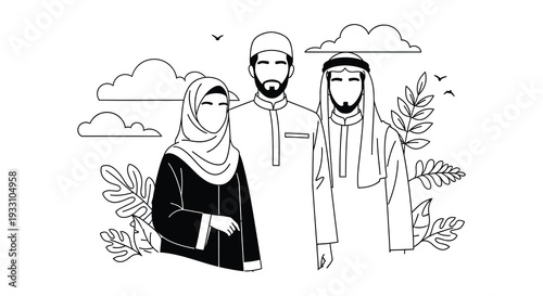 A muslim couple and child depicted in a simple line art illustration