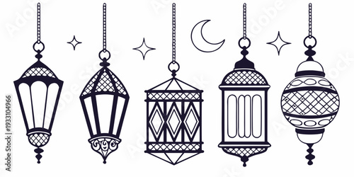 A variety of hanging lanterns and lights with different designs and cultural symbols Vector
