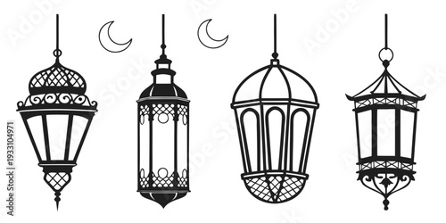 Four vintage lanterns with intricate designs and moon illustrations Vector