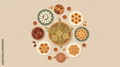 Vibrant flat lay illustration of an abundant traditional Southeast Asian festive food spread, showcasing iconic ketupat and delicious side dishes for cultural celebrations