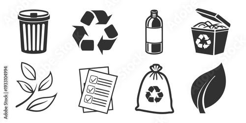 A collection of recycling symbols and icons representing different types of recyclable materials. Vector
